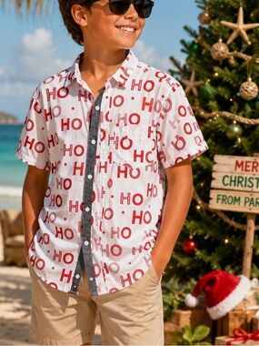 Free Planet Boys Christmas HO HO HO Button Front Shirt Size Small Holiday Shirt